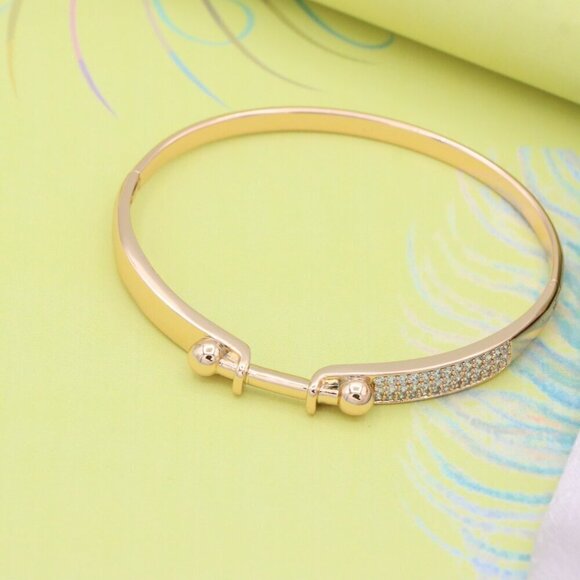 Rose Gold Bangle with Ball-End Design and Crystal Pavé Accent, XPBL0566 - Picture 5 of 12